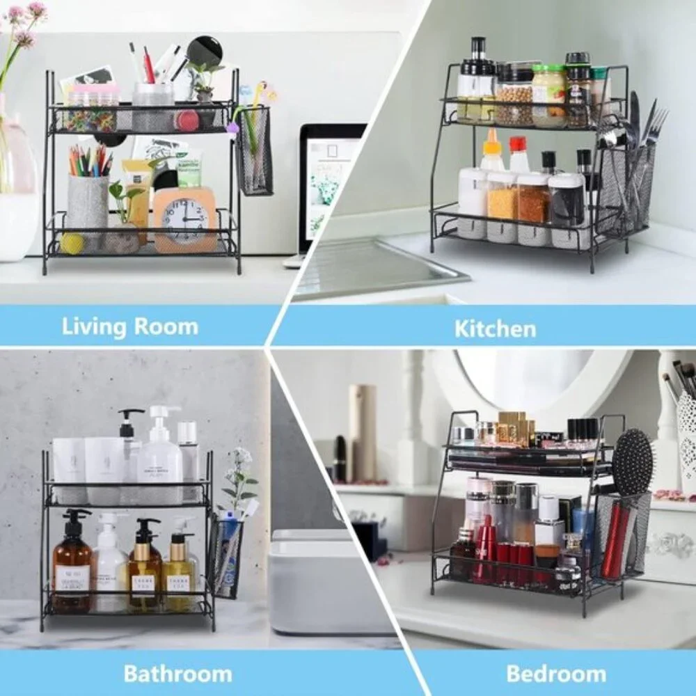 New Black Countertop Organizer, Bathroom, Bedroom & Kitchen Shelf with Basket